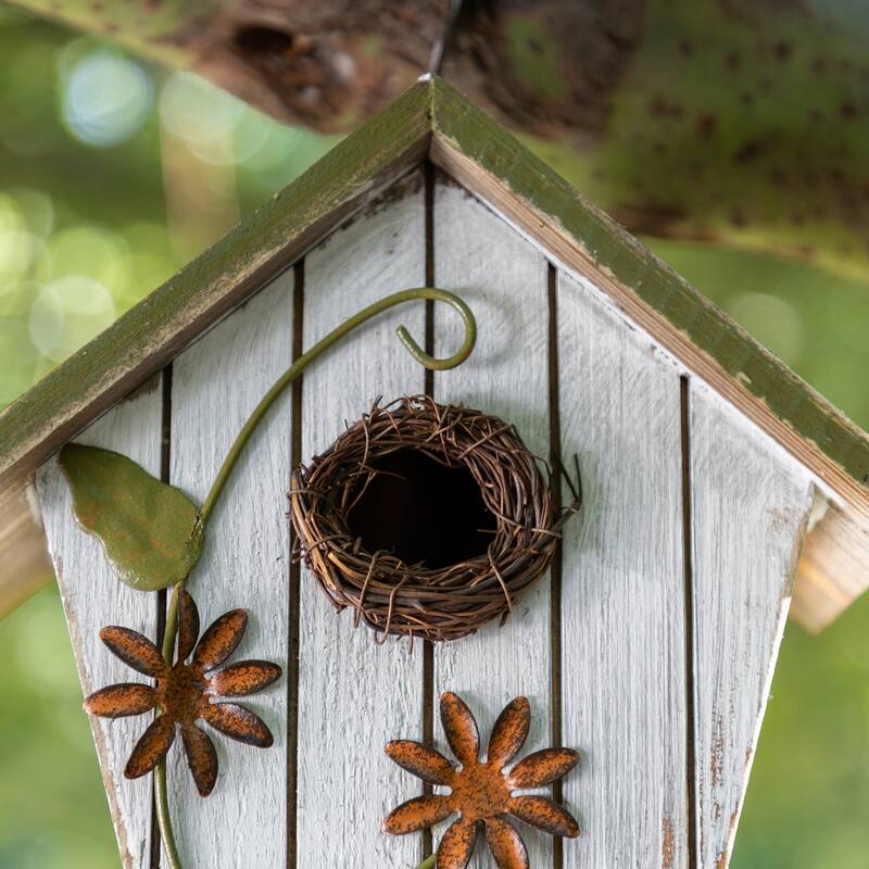 Glitzhome 8.75"H Distressed Solid Wood Decorative Outdoor Garden Birdhouse with 3D Flower