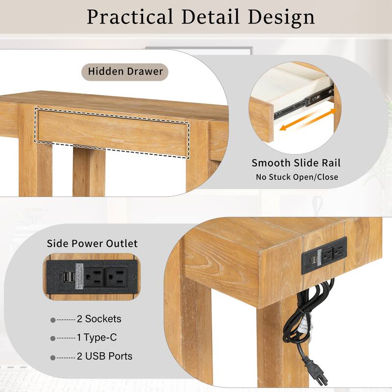 Rustic Minimalist Console Table with Hidden Drawer & Power Outlet, Solid Wood Entryway Table for Living Room & Home Office