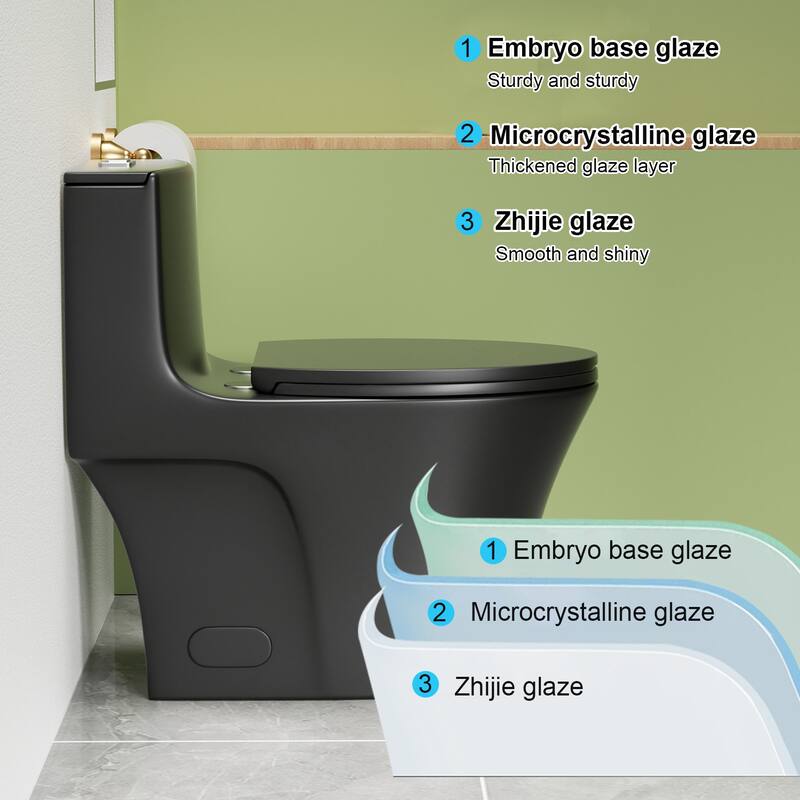 1.1/1.6 GPF Tornado Flush One-Piece Toilet Elongated, Siphonic S-trap 12",Soft Closing Seat, Button on Tank top - Matte Black