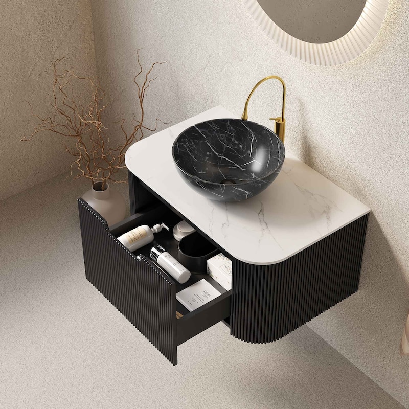 Wall Mounted Striped Bathroom Storage Cabinet with Sink and Drawers