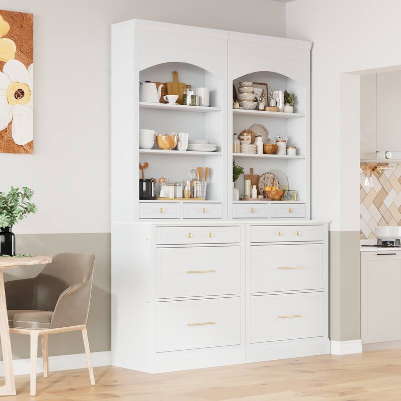 Roomfitters Modern 83.7" Tall Kitchen Hutch with Faux Marble Top, Set of 2 - White