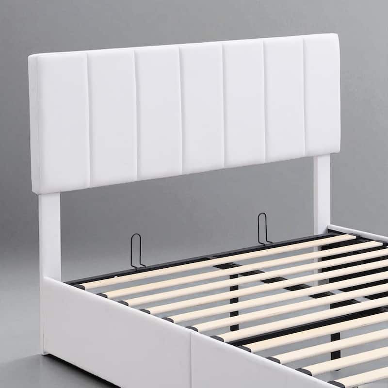 Full/Queen Upholstered Platform Bed with Hydraulic Lift Storage and Linen Headboard, No Box Spring Needed