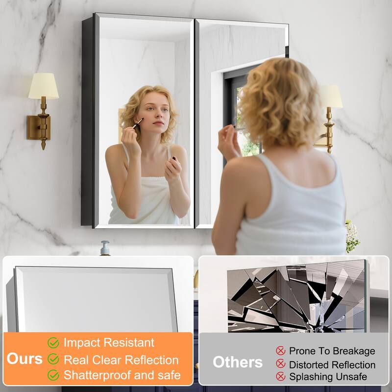 Belle Medicine Cabinet with Mirror, Adjustable Shelves, Recessed or Wall Mount