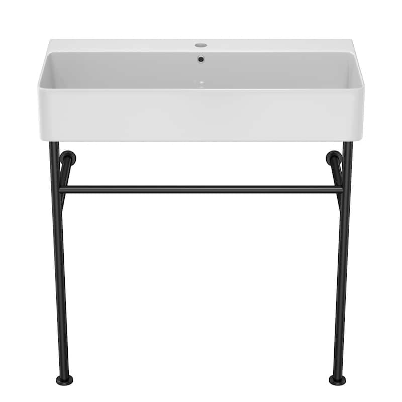 32" Freestanding Bathroom Console Sink with Ceramic Basin, Overflow, Black Metal Legs, and Drain Kit Included