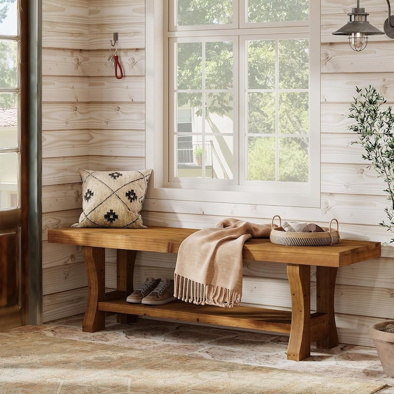 55 Inch Solid Wood Entryway Bench End of Bed Bench with Storage - 55.1" W x 13.8" D x 17.7" H