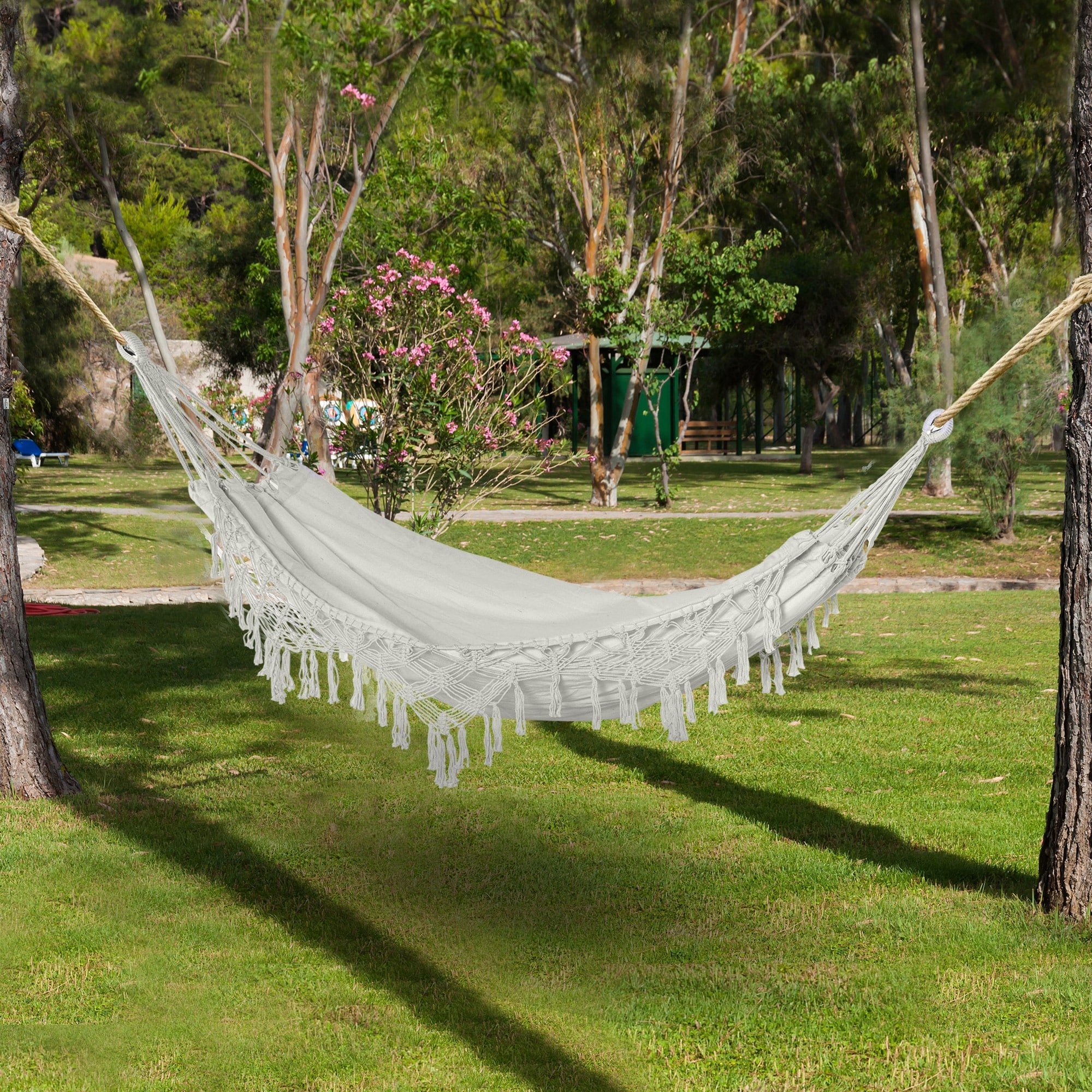 Outsunny Brazilian Style Hammock Extra Large Cotton Hanging Camping Bed with Carrying Bag, for Patio Backyard Poolside, White