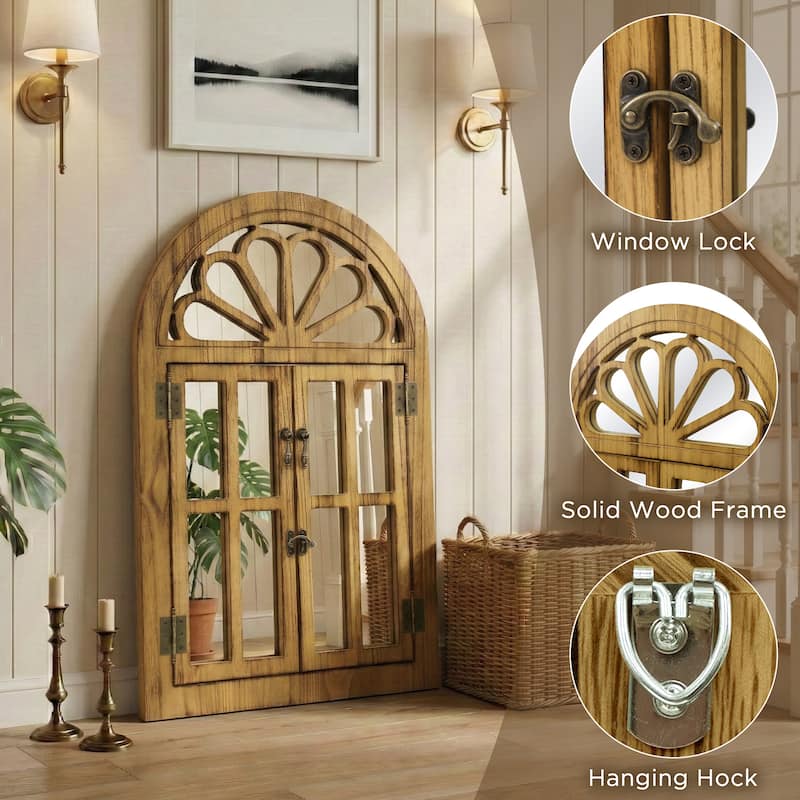 Solid Wood Arched Framed Windowpane Accent Mirror Wall Mirror