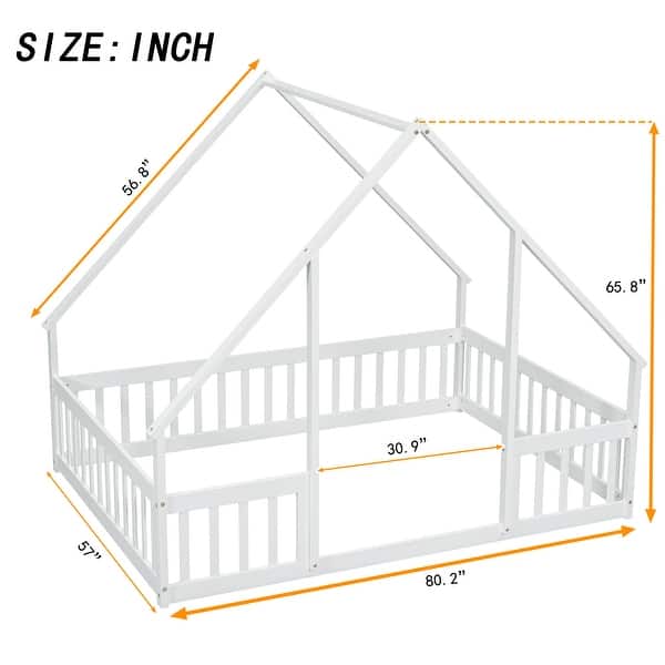 dimension image slide 0 of 3, Kids Furniture Full Size Wood House-Shaped Floor Bed Kids Bed with Fence and Guardrails, Grey