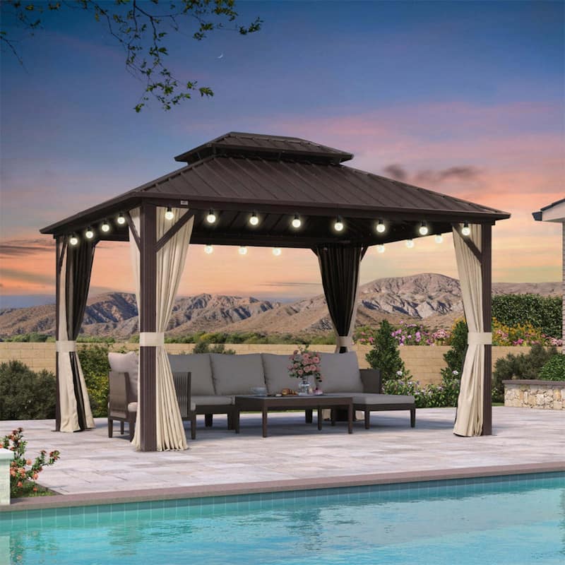 PURPLE LEAF Gazebo Outdoor Gazebo with Dual-Layer Galvanized Steel Double Roof Aluminum Gazebo with Netting and Curtains Bronze - 10' x 12' - with lights