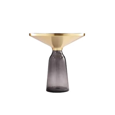 Len 21 Inch Side End Table, Gray Blown Glass Base, Funnel Top Gold Steel