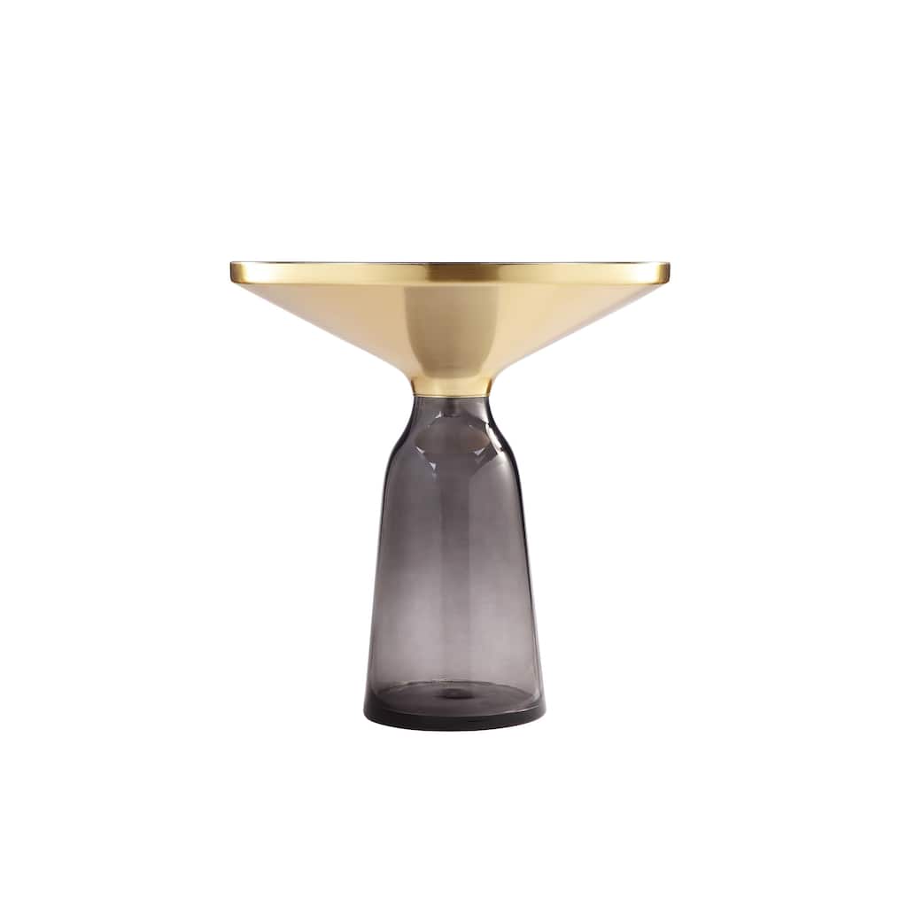 Len 21 Inch Side End Table, Gray Blown Glass Base, Funnel Top Gold Steel