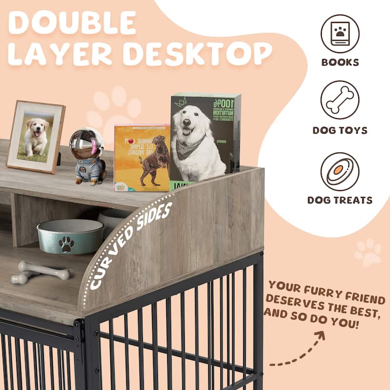 Heavy Duty Large Dog Crate Furniture with Lockable Wheels,Wooden Dog Crate Dog Kennel,End Table Crate with Double layer storage