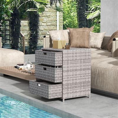Grey PE Rattan Outdoor Storage Cabinet with 3 Drawers and Steel Frame - 23.5" W x 19.75" D x 32.25" H