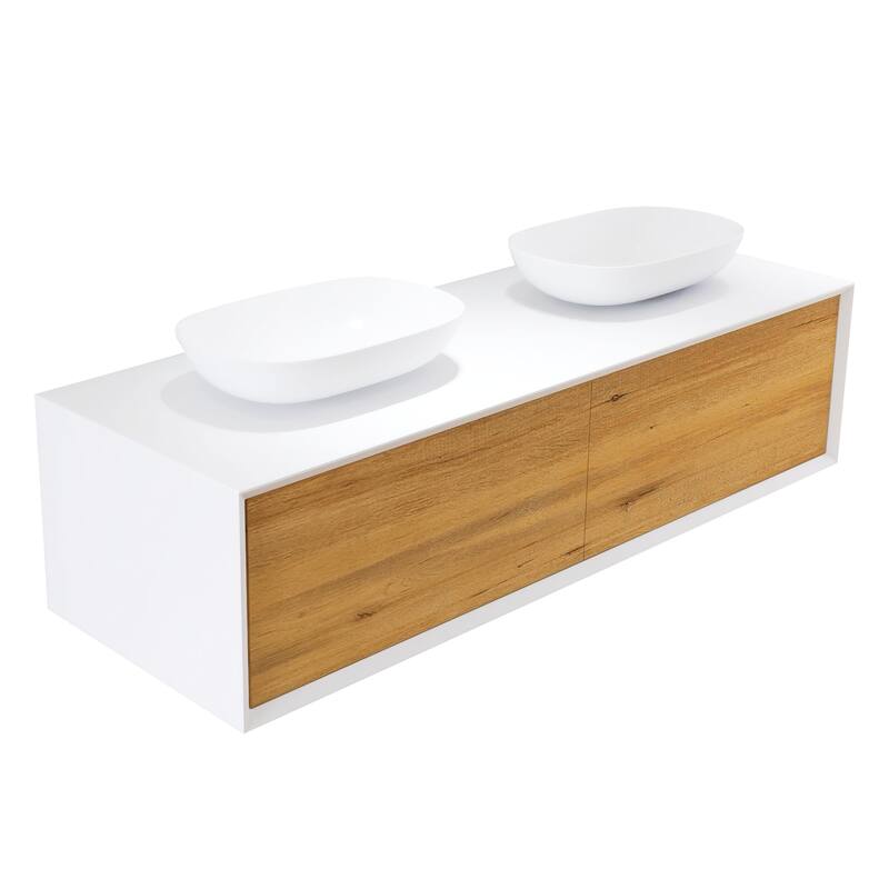 Wall Mounted Bathroom Vanity Set with White Solid Surface Top and Vessel Sink