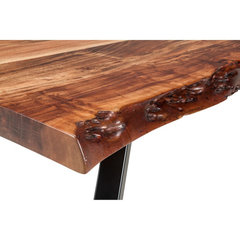 24 Inch Brown Acacia Wood End Table, Live Edges, Angular Black Metal Legs