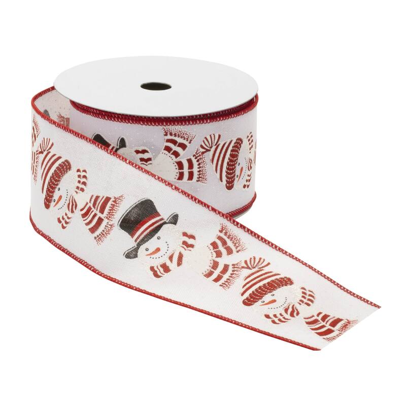 Polyester Iron Glittered Snowman Wired Ribbon Set of 2 for Holiday Decor - 2.5” W x 360” Long