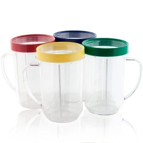 Blendin 4 Pack 16 Ounce Party Mugs Cups with Colored Lip Rings, Fits Original Magic Bullet Blender Juicer MB1001