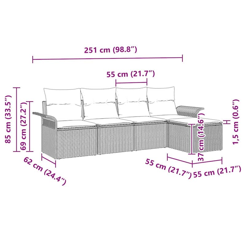 vidaXL 5/6-Seater Garden Sofa with Cushions Black/Brown/Grey Poly Rattan - 24.4 x 98.8 x 27.2