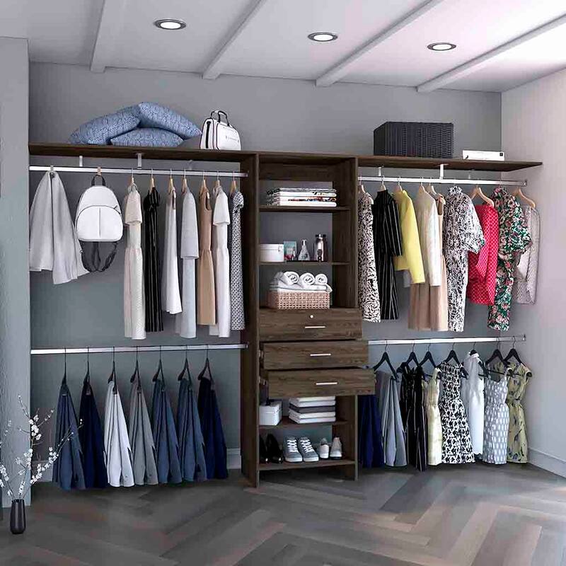 Closet System with three Spacious Drawer for Bedroom, Dark Walnut