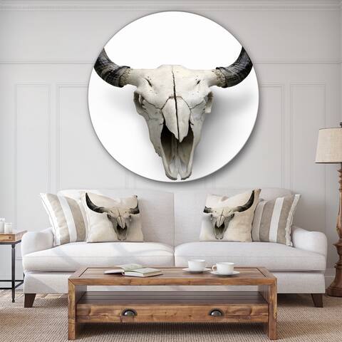 Designart 'White Cow Skull With Black Horns' Farmhouse Metal Circle Wall Art