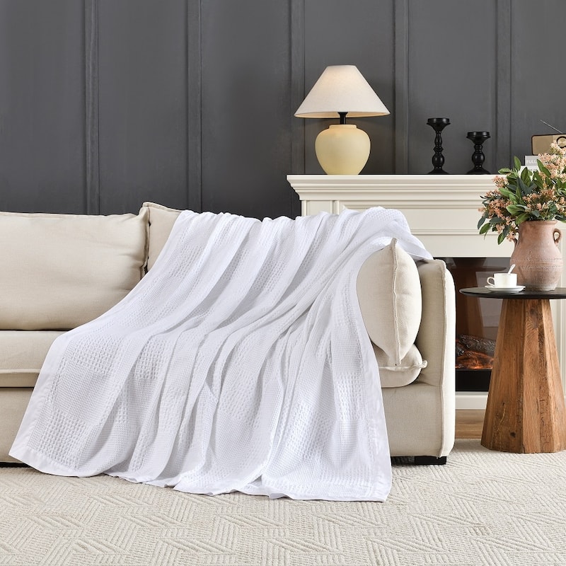 100% Cotton Waffle Weave Lightweight Bed Blanket, Cotton Sateen Bordered