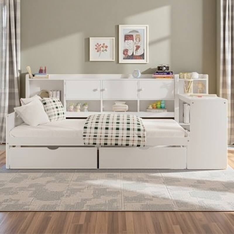 Full Size L-Shaped Daybed with Desk, Bookshelf, Cabinets & Drawers, Multi-Functional Wood Bed with Storage for Kids or Teens - Twin White - Twin