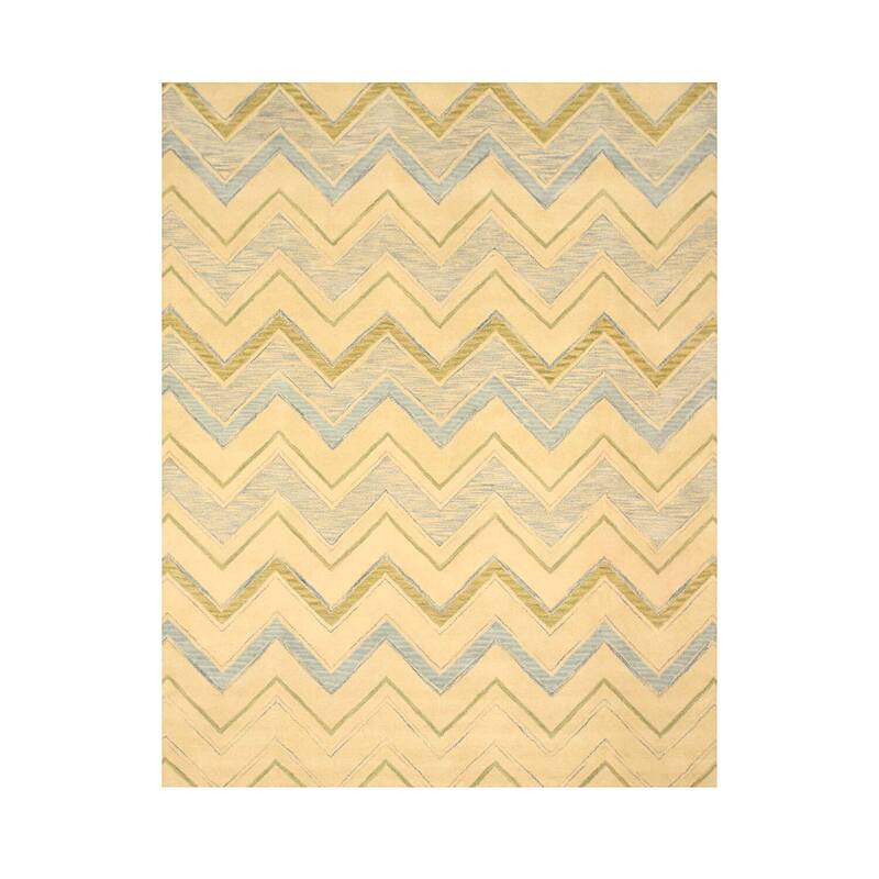 Ivory Hand Tufted Wool Chevron Rug 7'9 x 9'9 - Modern Geometric Pattern with Soft Pastel Accents and Plush Feel - N/A