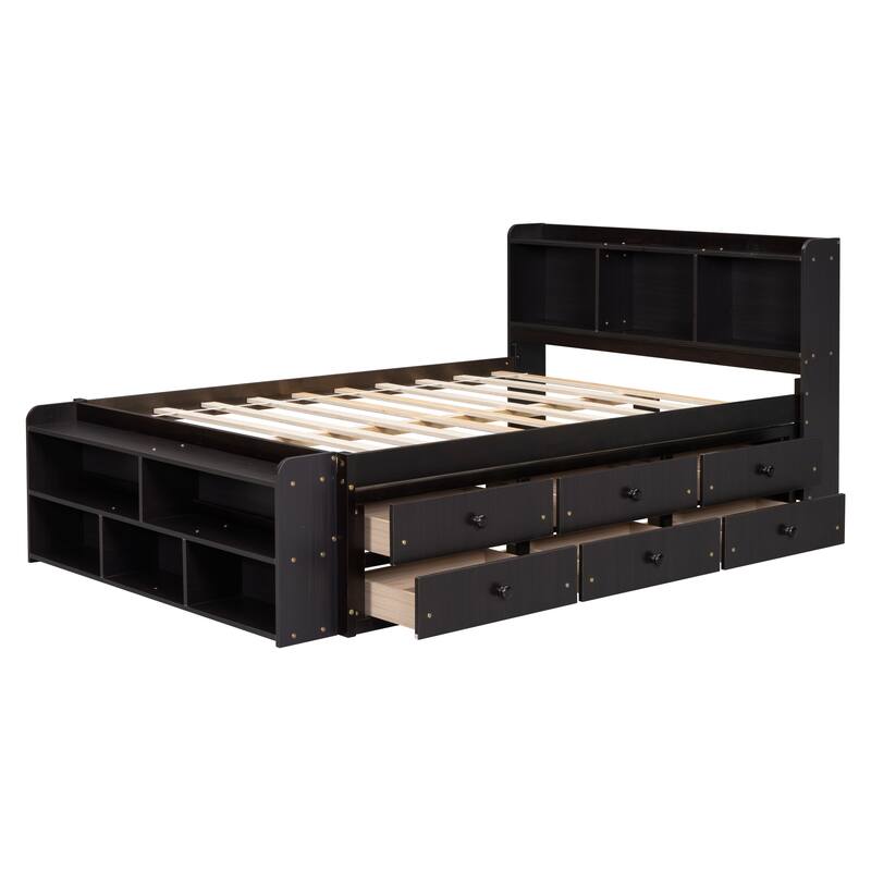 Bed with Bookcase Headboard and Under bed Storage Drawers