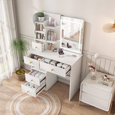 Vanity Desk with Sliding Mirror and Lights White Makeup Vanities with 5 Drawers ，movable and hidden mirror