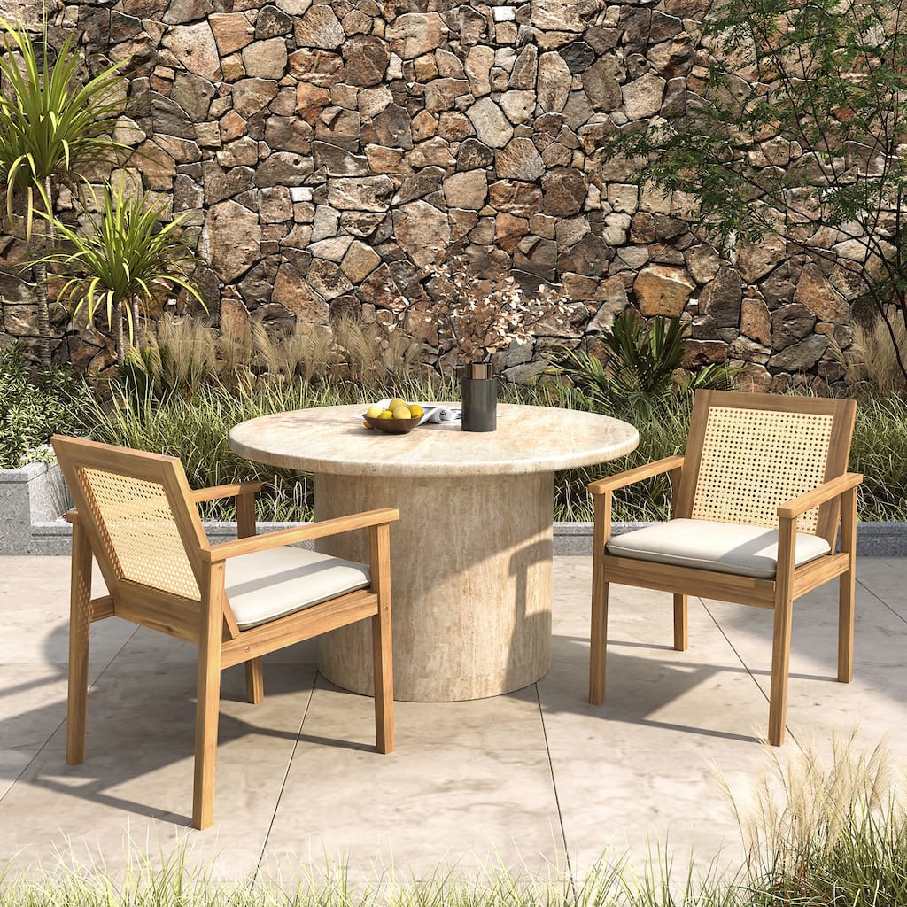Roomfitters Preston Outdoor Acacia Wood Dining Chairs with Cane Back and Cushions, Teak Set of 2