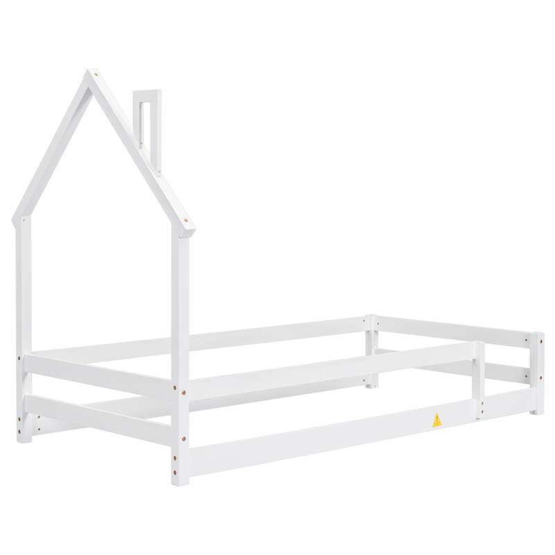 Twin Size Wood bed with House Shaped Headboard Floor Bed with Fences