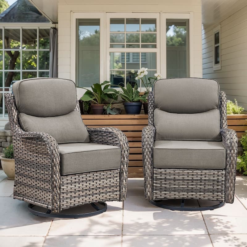 Gymojoy Patio Swivel Glider Chair Set with 6" Ultra-Plush Cushions - Waterproof Olefin Fabric, All-Weather Rattan - Grey Wicker / Grey Cusion - 2-Piece