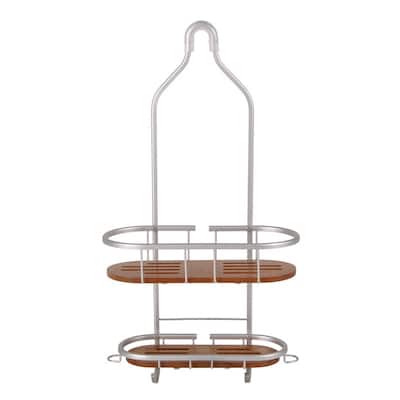 Utopia Alley Tia Rustproof Over the Shower Caddy, 2 Teak Shelves, Satin Chrome & Black