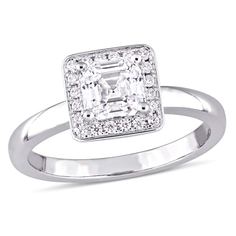 Miadora 1ct TDW Asscher and Round Diamond Halo Engagement Ring in 14k White Gold