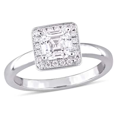 Miadora 1ct TDW Asscher and Round Diamond Halo Engagement Ring in 14k White Gold