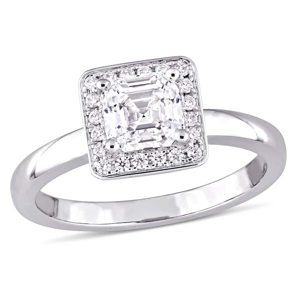 Miadora 1ct TDW Asscher and Round Diamond Halo Engagement Ring in 14k White Gold