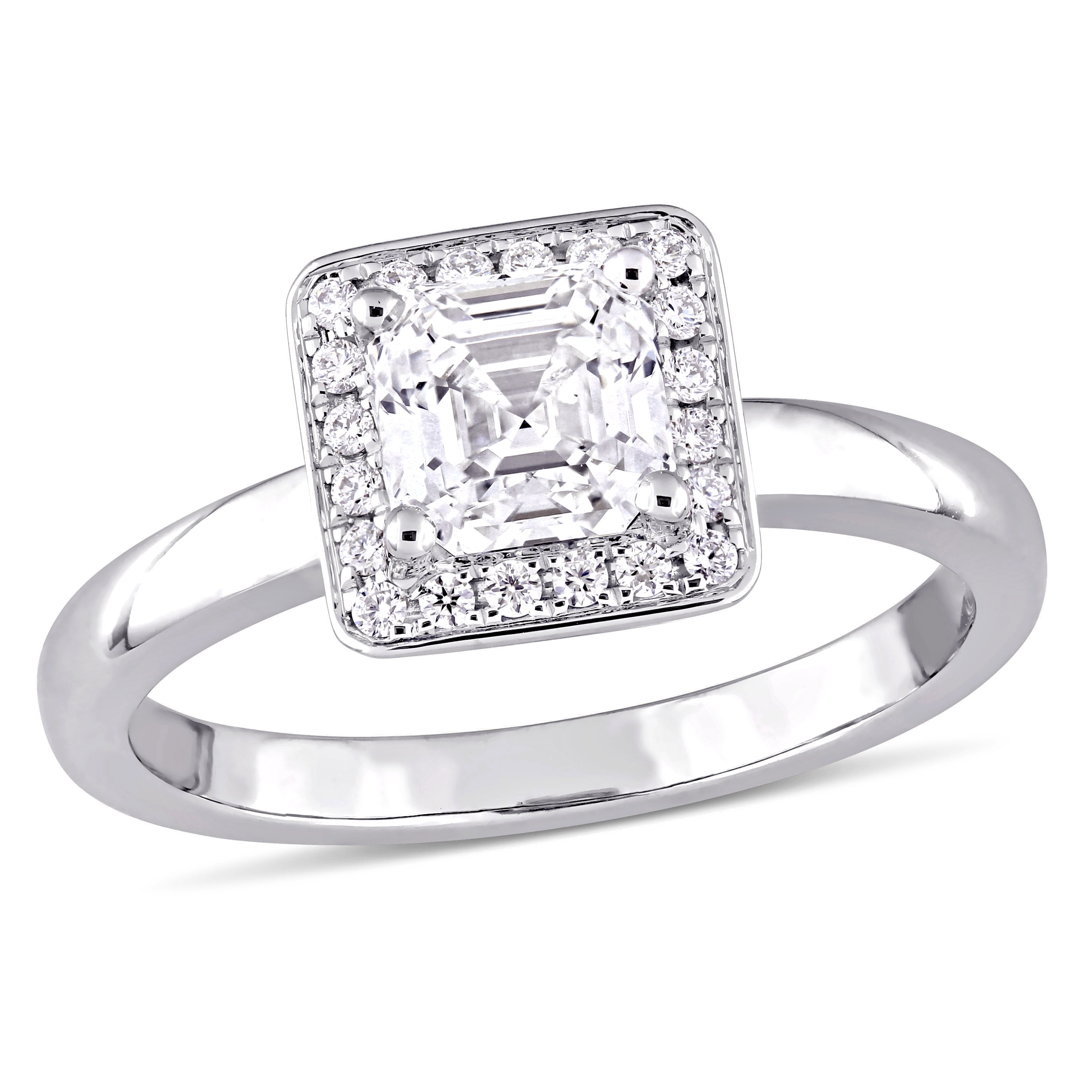 Miadora 1ct TDW Asscher and Round Diamond Halo Engagement Ring in 14k White Gold