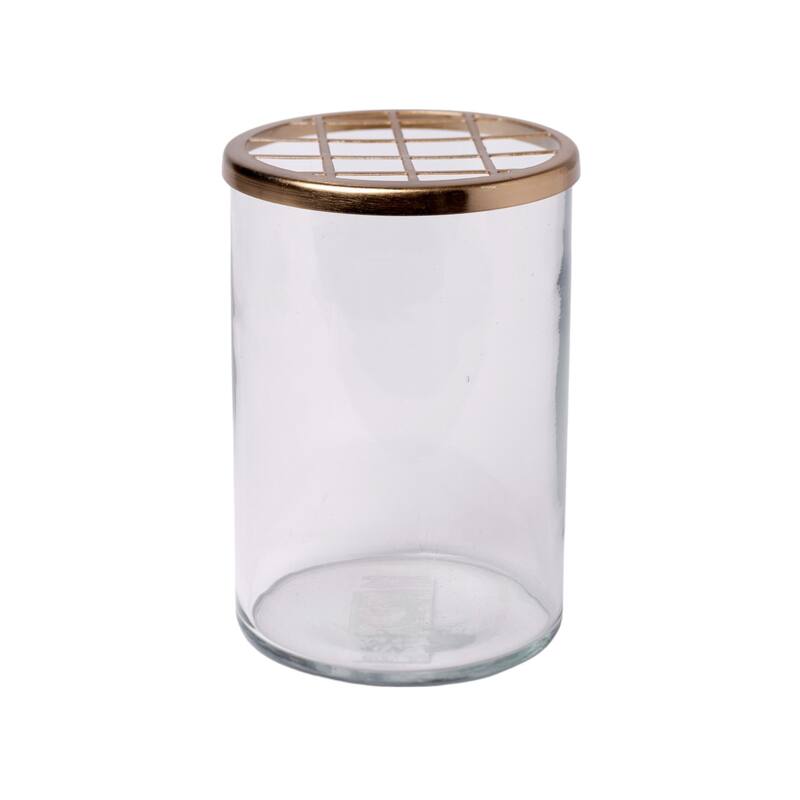 Med. Glass & Brass Flower Cylinder H7" - Clear & Gold