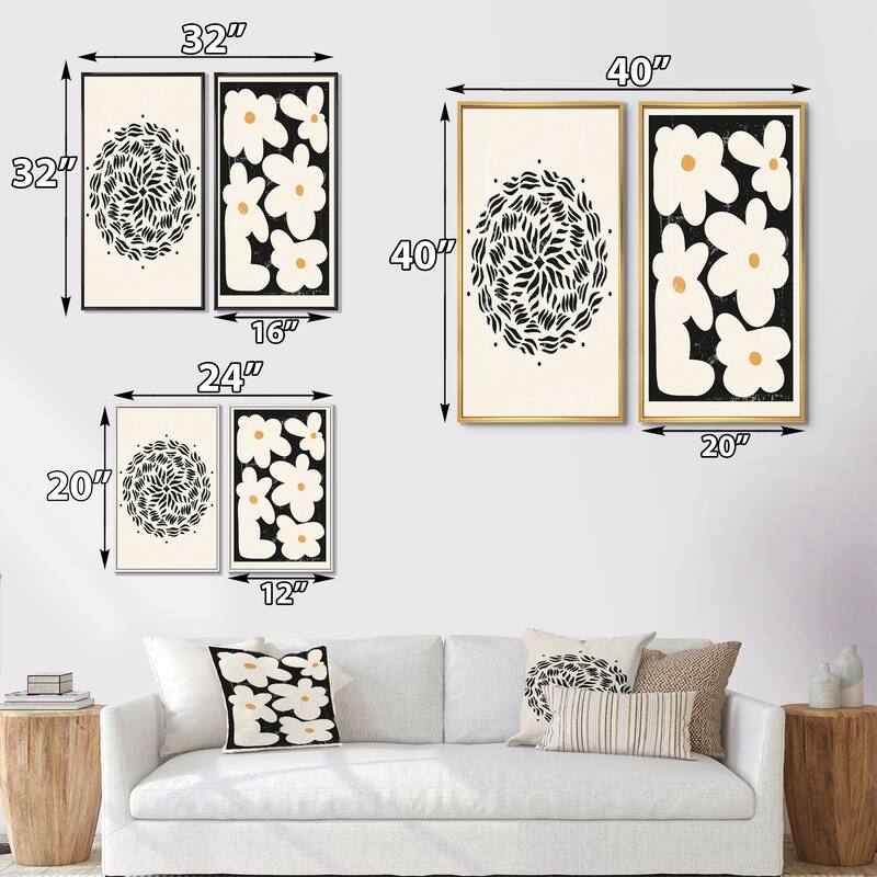 Designart "Minimal Retro Flowers I" Floral Framed Art Set of 2 Pieces