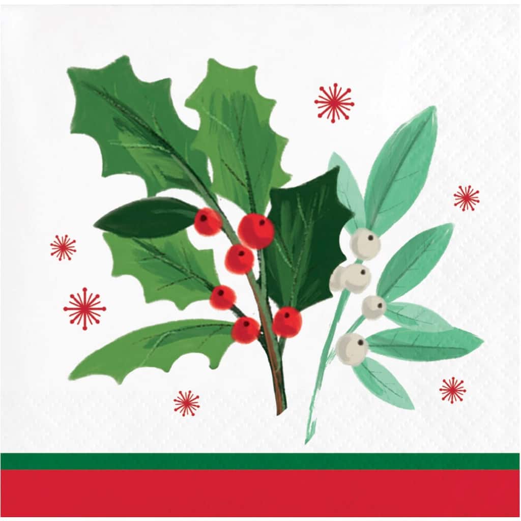 2-Ply Holly and Mistletoe Christmas Beverage Napkins - 5" - Club Pack of 192