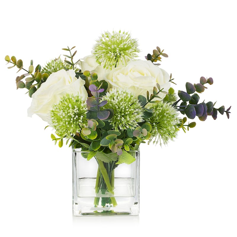 Enova Home Home Mixed Artificial Silk Roses Flowers and Greenery Arrangement in Cube Glass Vase with Faux Water for Home Decór - Cream
