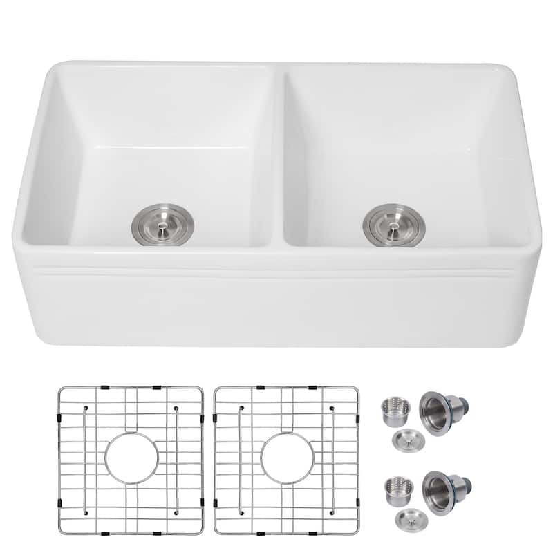 Kichae 33 Inch Ceramic Sink Undermount Double Bowl Low Divider Farmhouse White Kitchen Sink - 33 in.W x 18 in.D x 10 in.H - White - 33 in.W x 18 in.D x 10 in.H