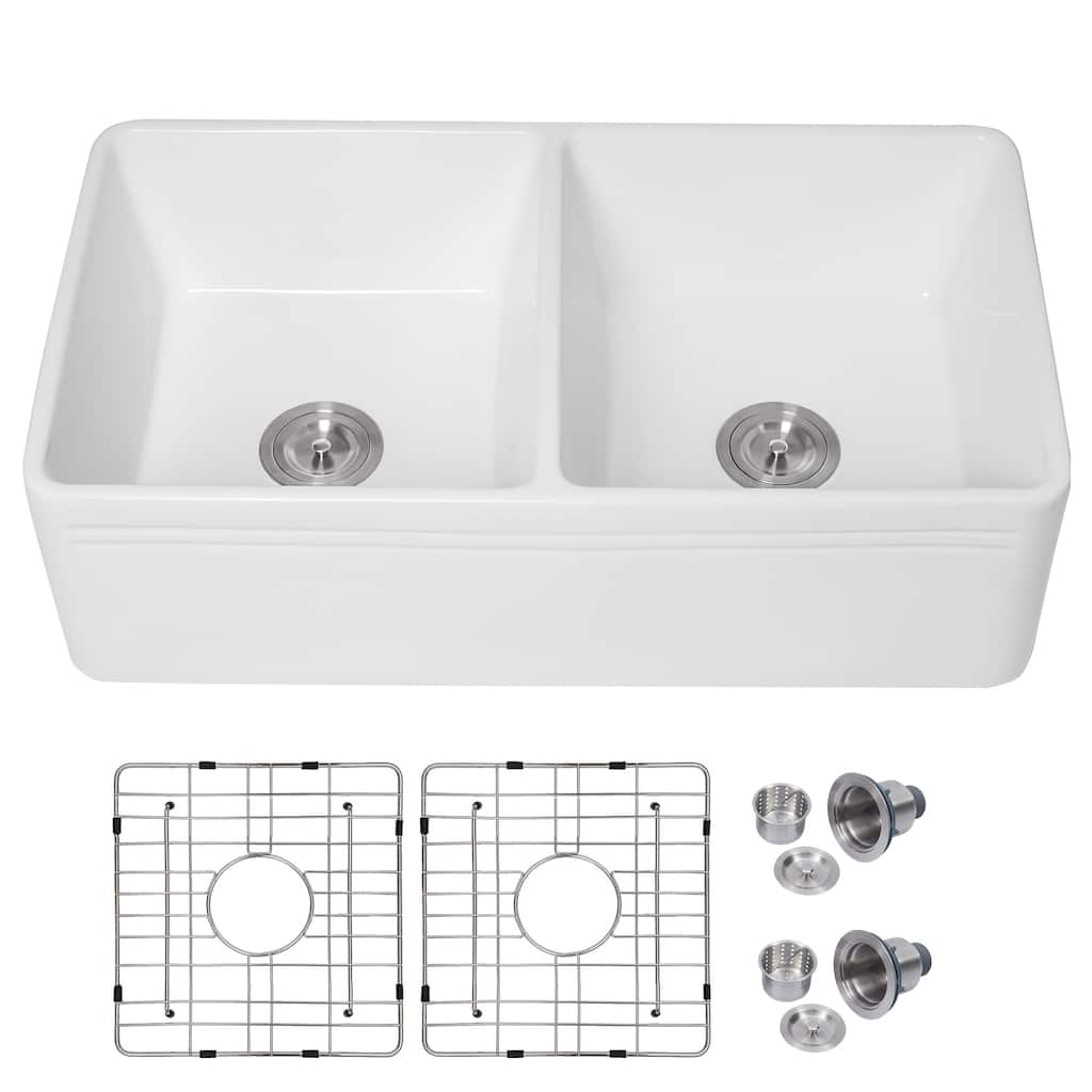 Kichae 33 Inch Ceramic Sink Undermount Double Bowl Low Divider Farmhouse White Kitchen Sink - 33 in.W x 18 in.D x 10 in.H