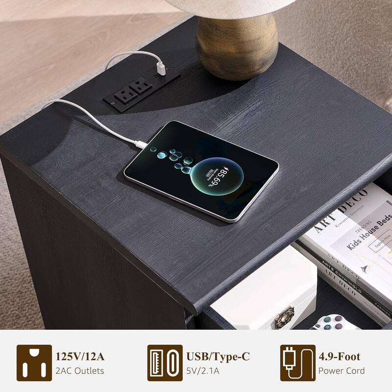 Modern Nightstand w/ Arched Panel, Bedside Table w/ Charging Station