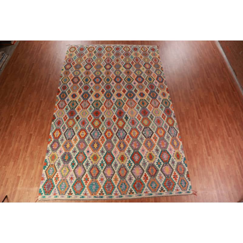 Geometric Kilim Oriental Large Rug Flatweave Bedroom Wool Carpet - 10'3"x 15'11"