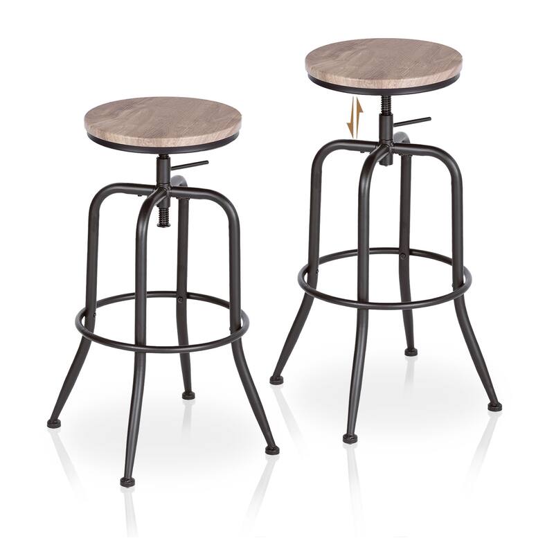 HomeRoots Set of Two Walnut and Black Iron and Wood Backless Adjustable Height Swivel Bar Chairs