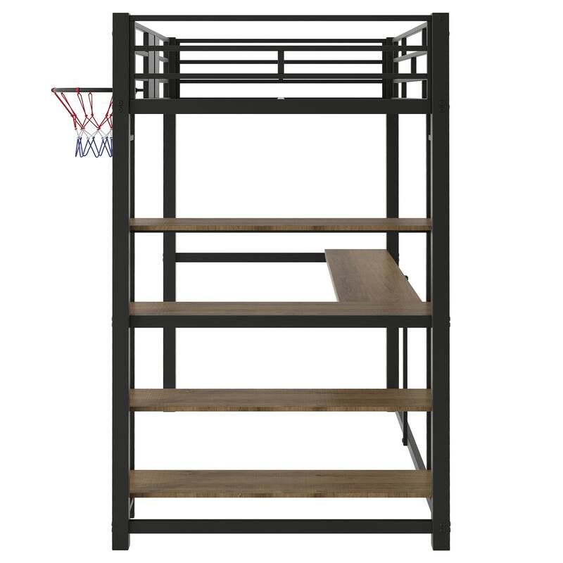 Twin Size Metal Loft Bed with Shelves, Desk and Basketball Hoop
