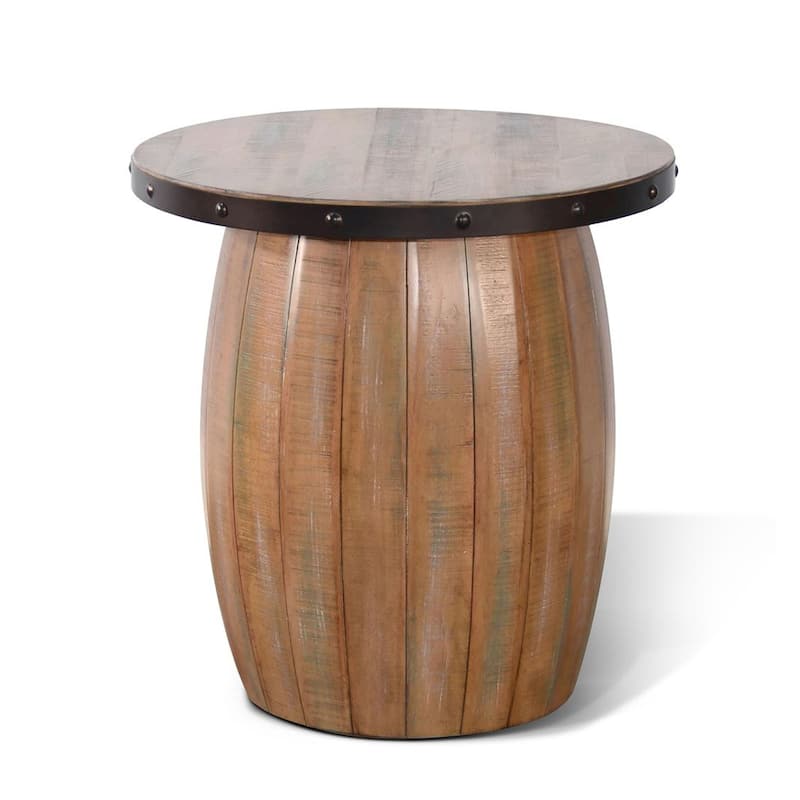 Selano End Table, 24 Inch Round Plank Top, Barrel Base, Brown Solid Wood