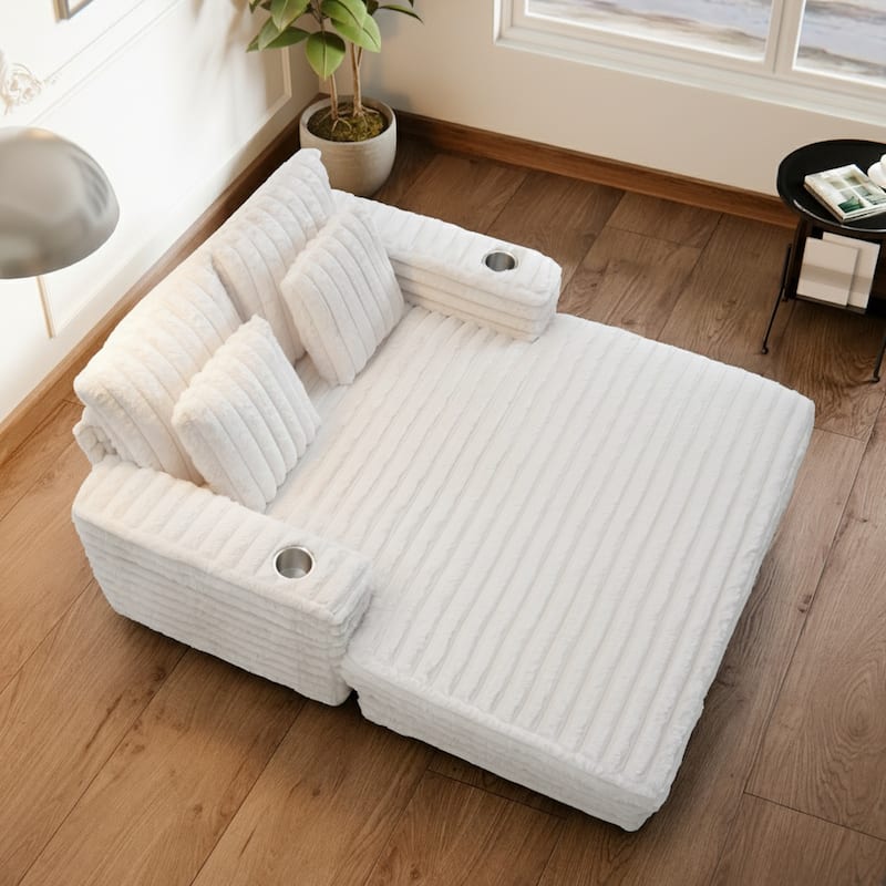 Modern Cream Faux Rabbit Fur Single Chaise Lounge with 2 Cup Holders, 2 Pillows & Solid Wood Frame, Cozy Daybed Sofa Chair