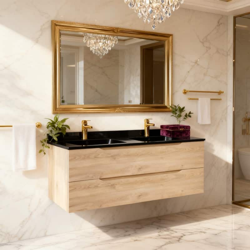 RupheonD 24"-48" Floating Bath Vanity in Evita Oak with Black Quartz Top